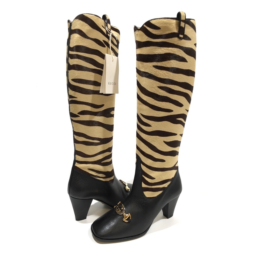 GUCCI Zumi Knee Boots Tiger Print Calf Hair -Black Leather -US 7 -NEW